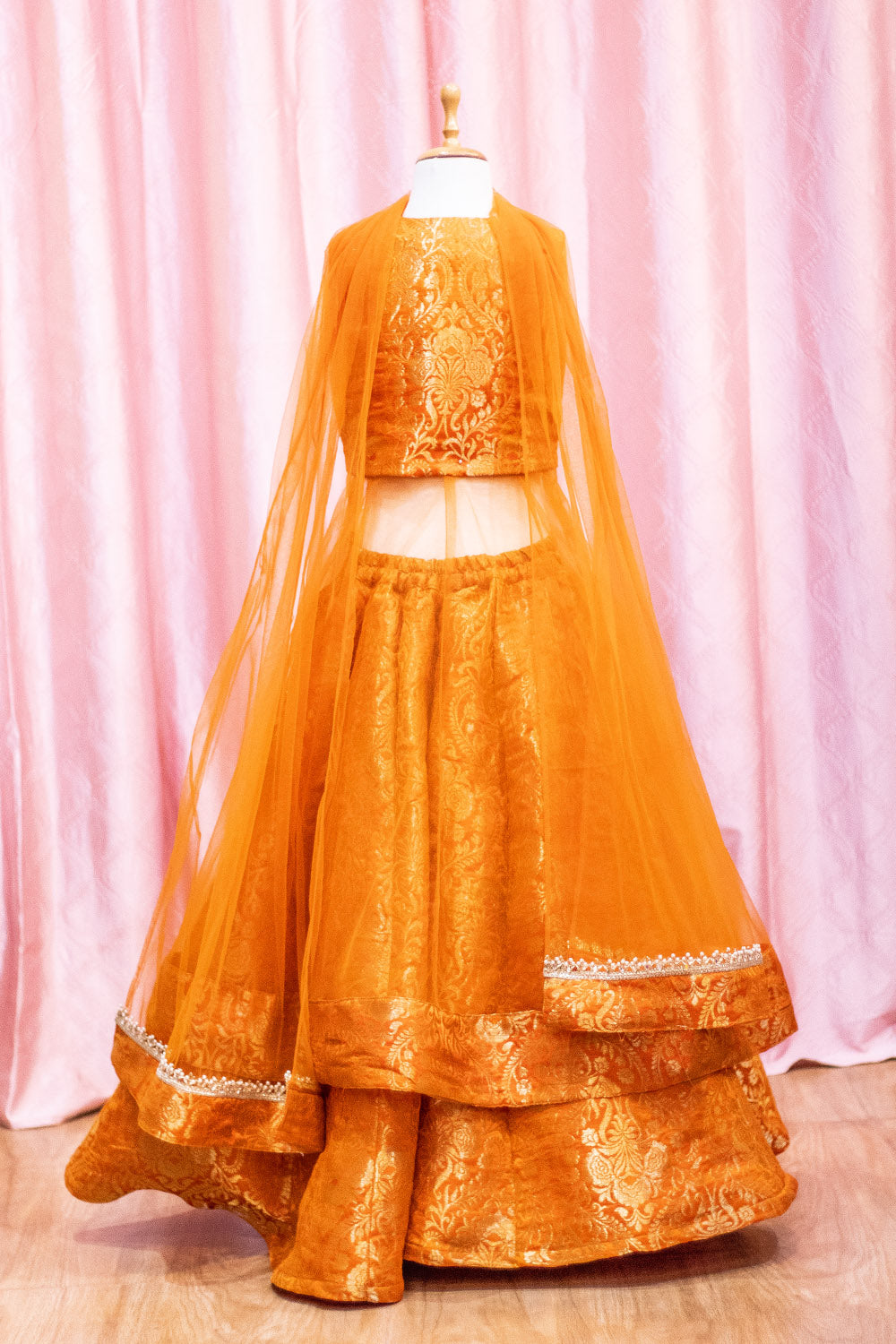 Mustard Brocade Jacket Lehenga For Girls