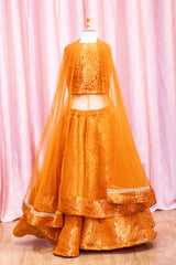 Mustard Brocade Jacket Lehenga For Girls