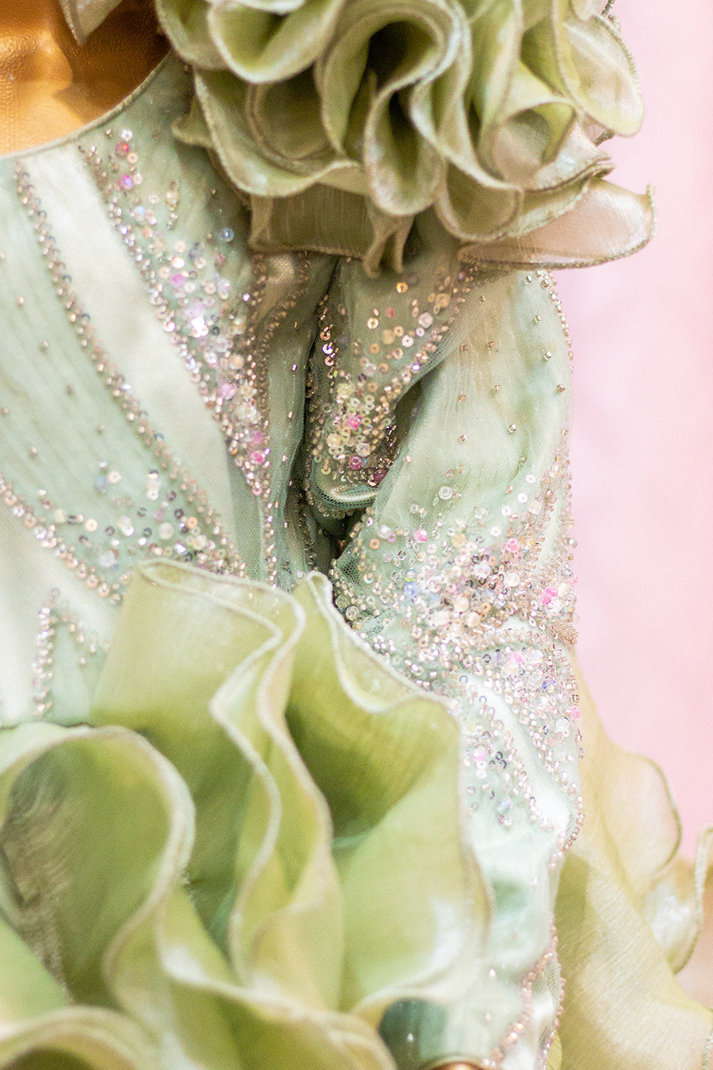 Pista Green Ruffled Organza Dress