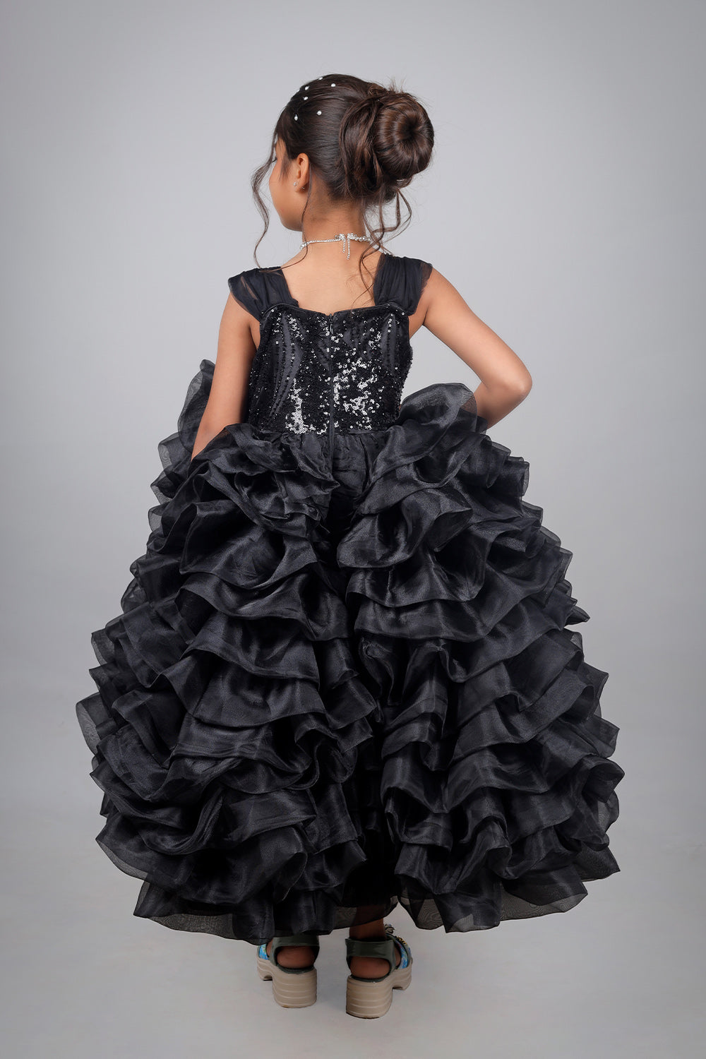 Midnight Bloom Ruffle Gown For Girls