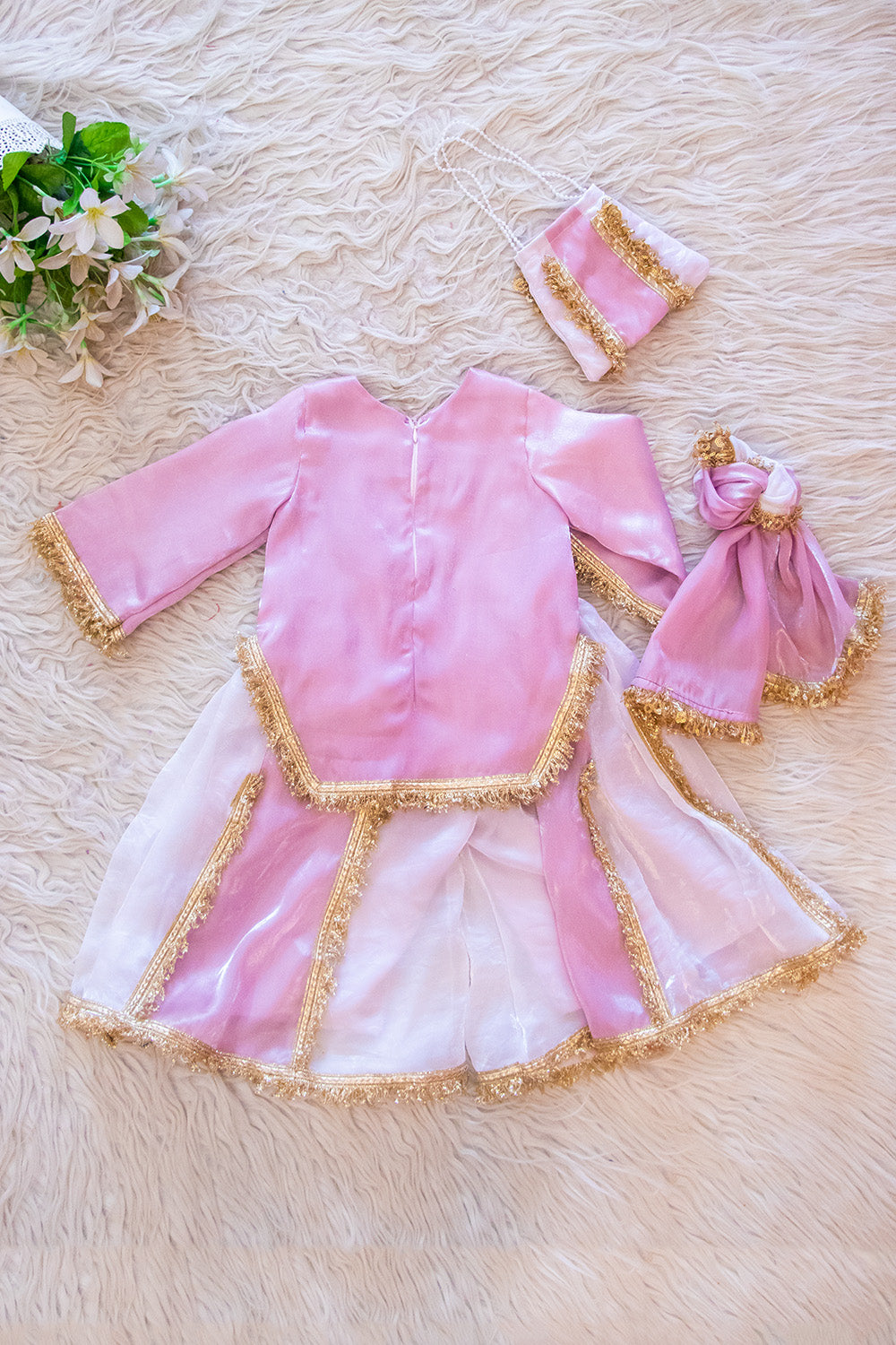 Pink and White Pure Organza Sharara Suit with Potli Bag