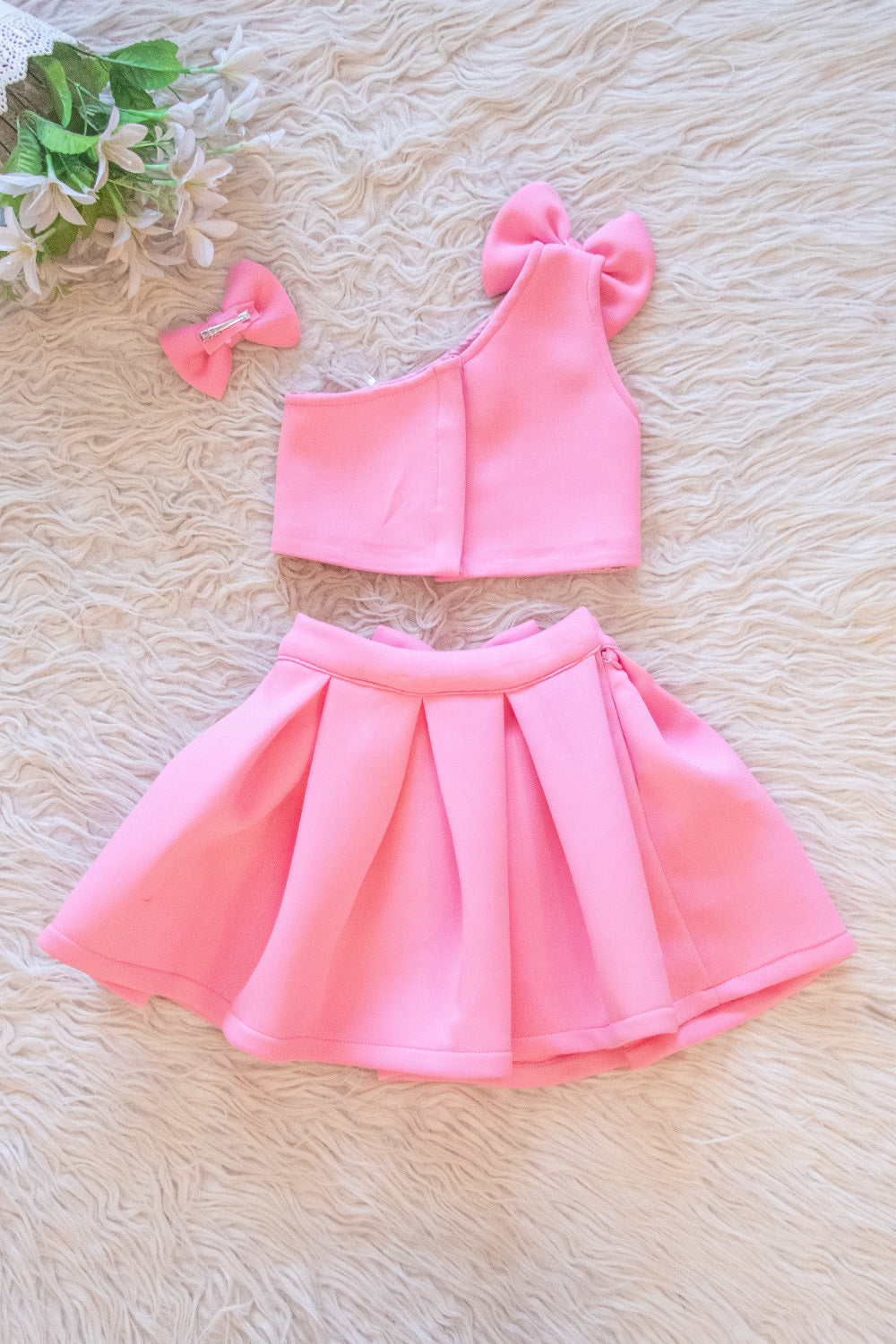 Pink Bow One Shoulder Skirt Top