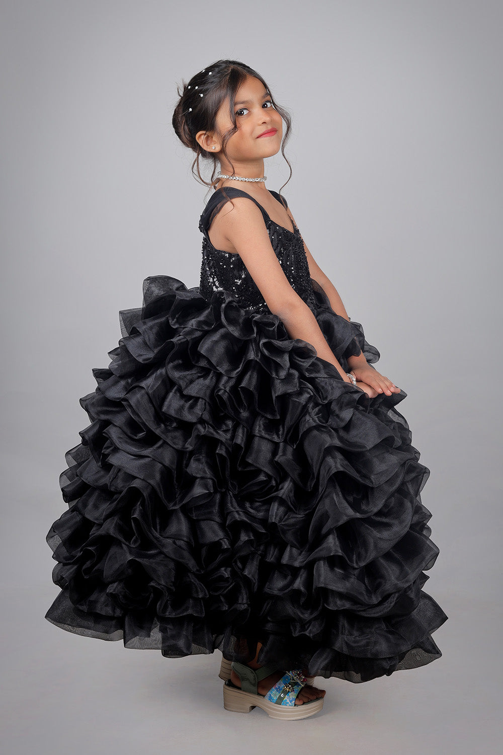 Midnight Bloom Ruffle Gown For Girls