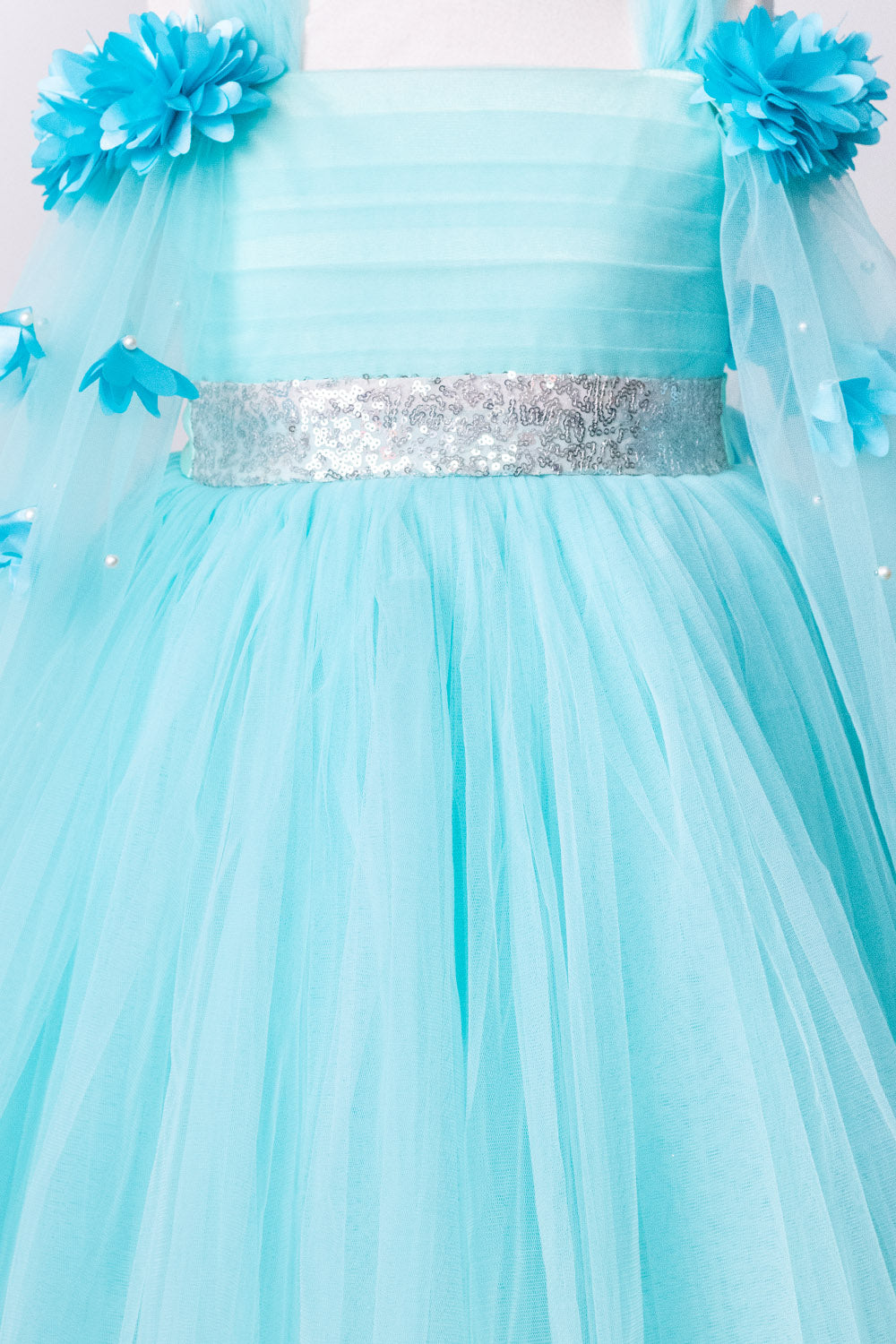 Sky Blue Elongated Flowers Sleeves Gown
