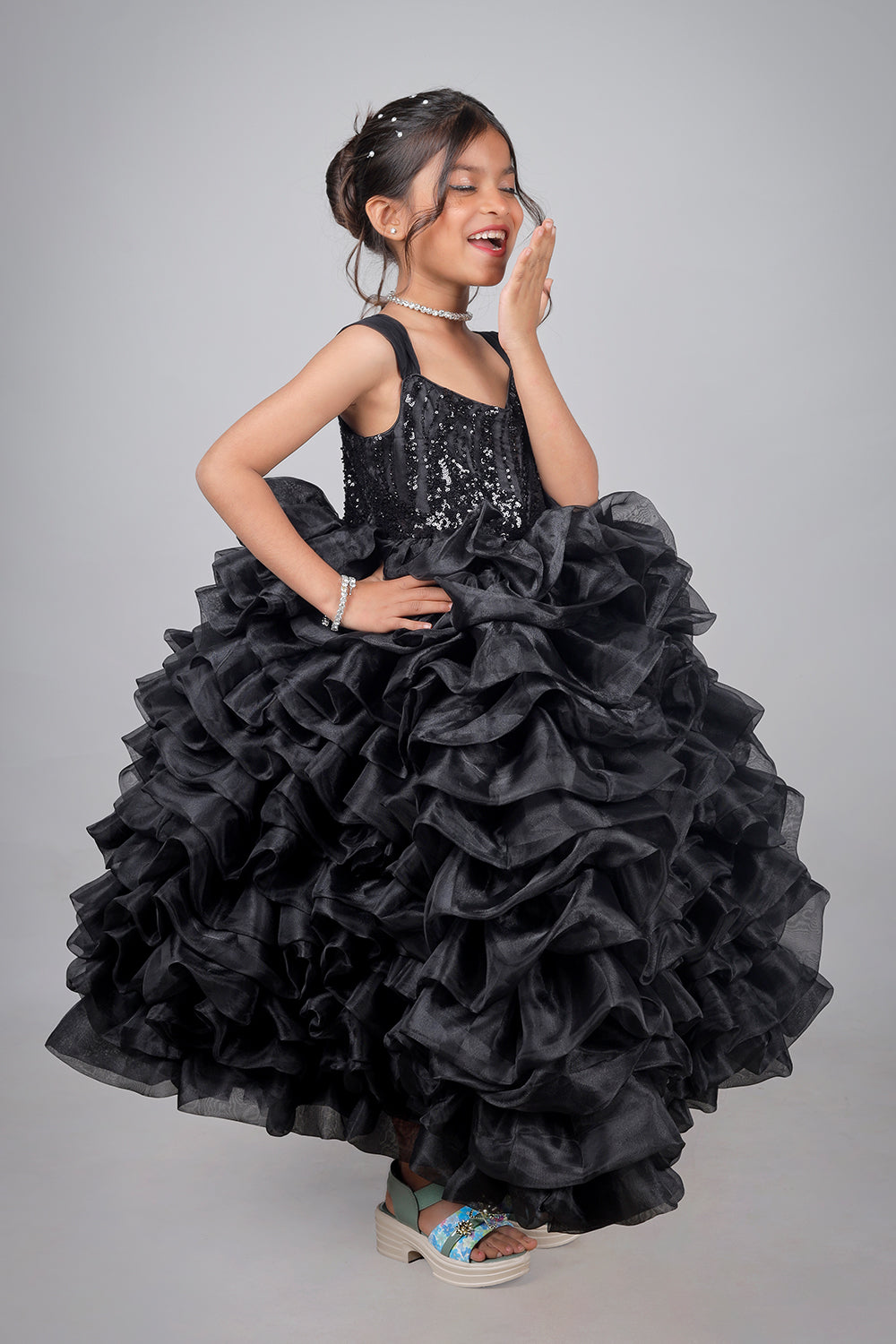 Midnight Bloom Ruffle Gown For Girls