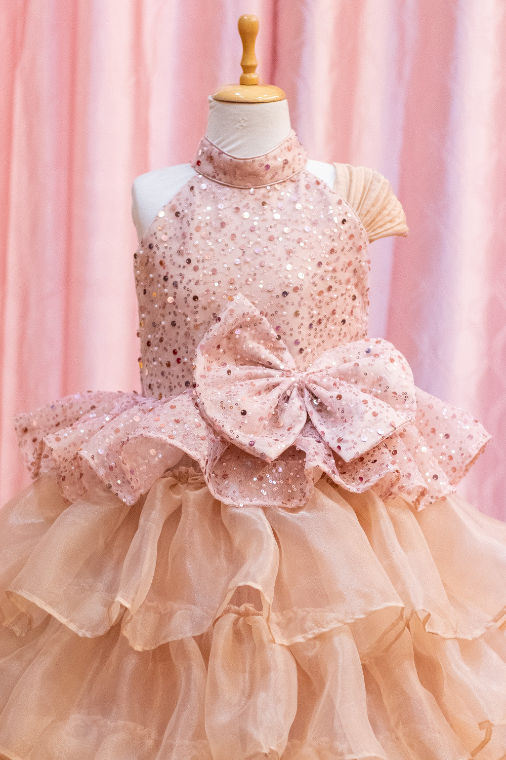 Rose Gold Sequined High Low Trail Gown