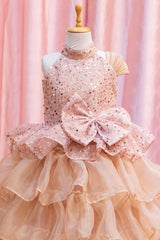 Rose Gold Sequined High Low Trail Gown