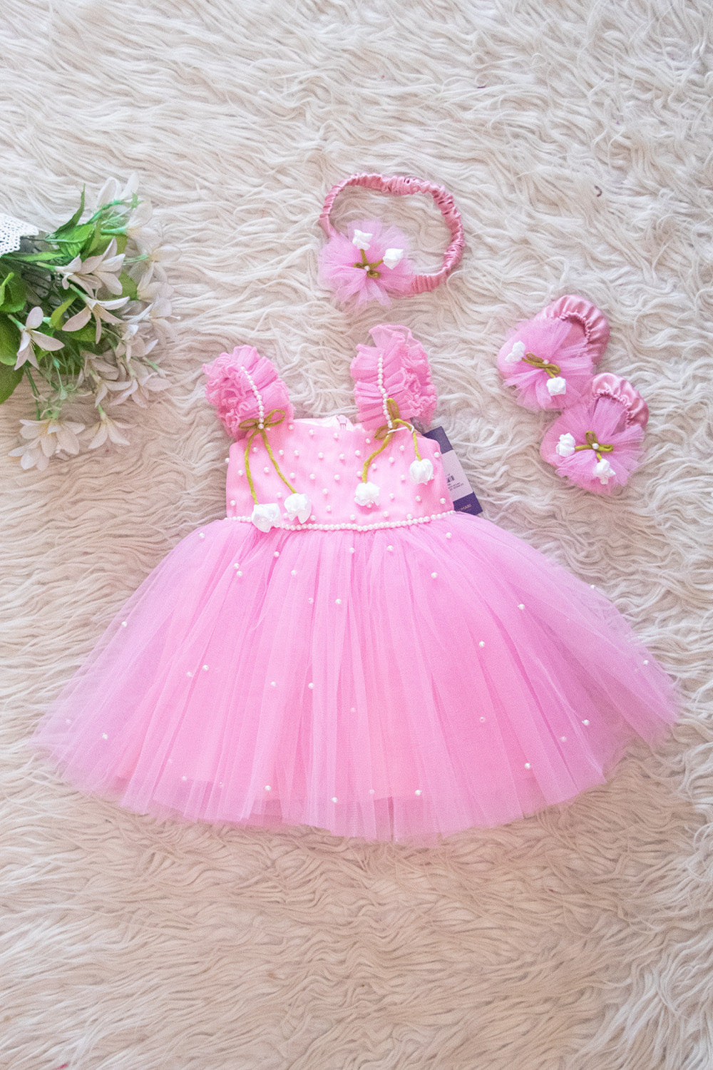 Baby Pink Pearl Embellished Baby Frock Set
