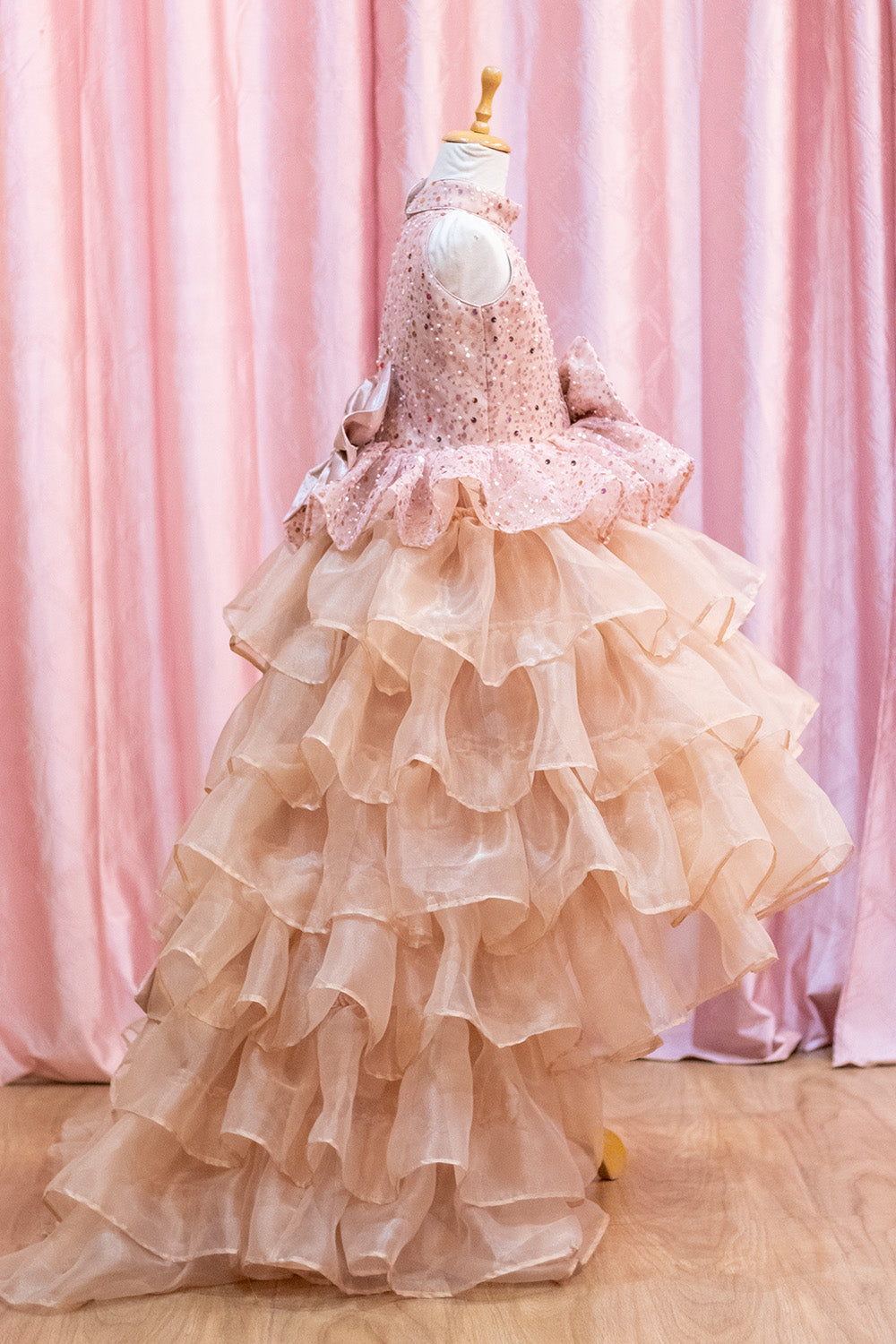 Rose Gold Sequined High Low Trail Gown
