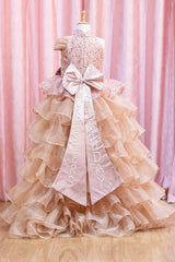 Rose Gold Sequined High Low Trail Gown