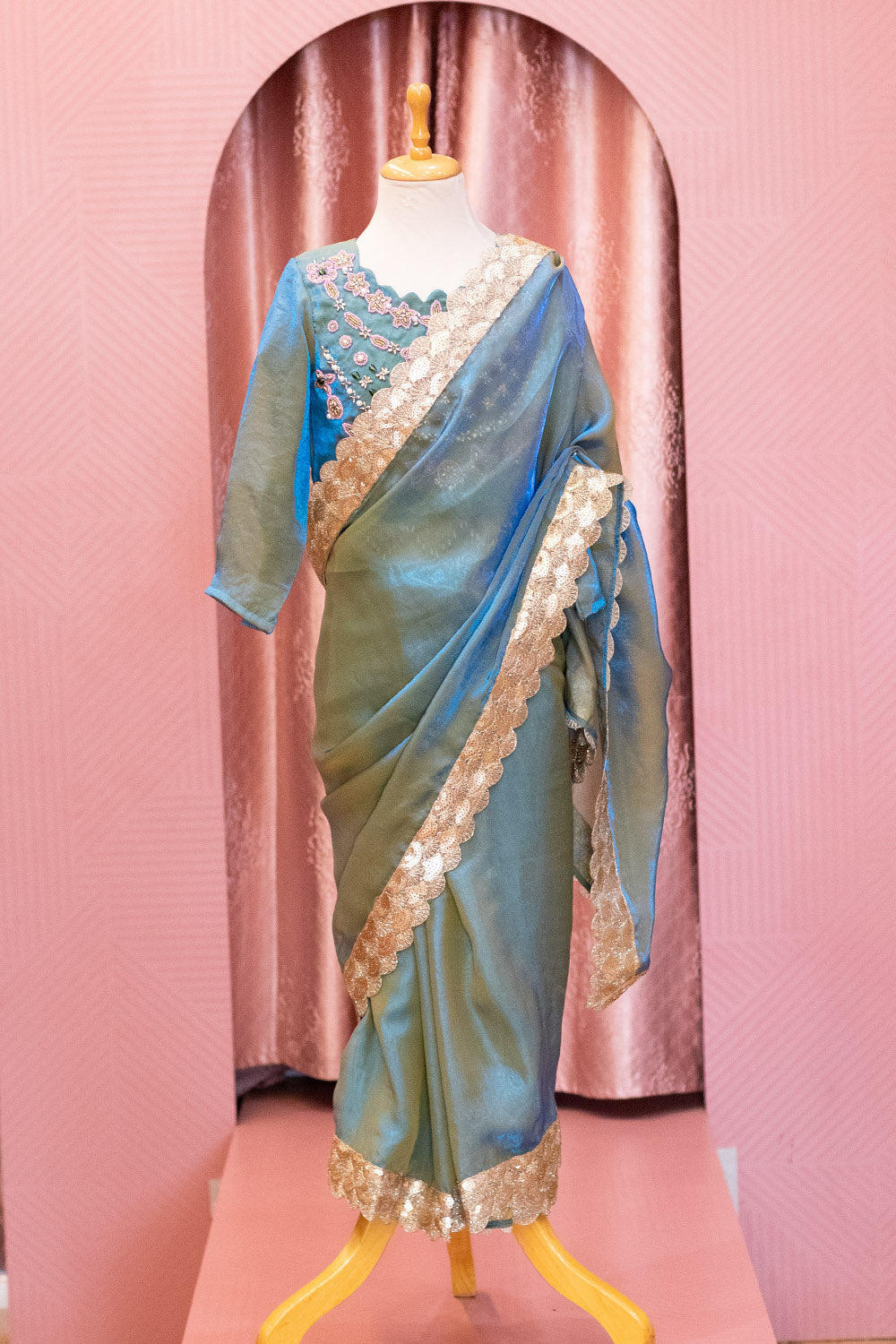 Teal Blue Draped Saree with Hand Embroidered Blouse