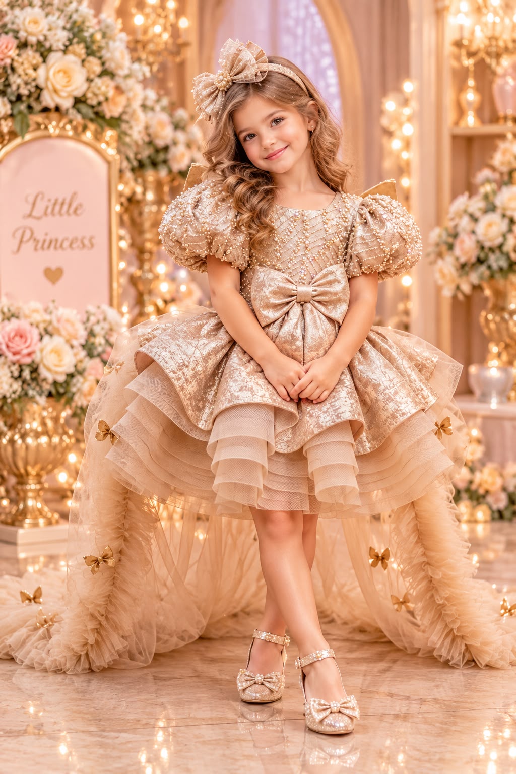 Champagne Sequin Bow Party Dress