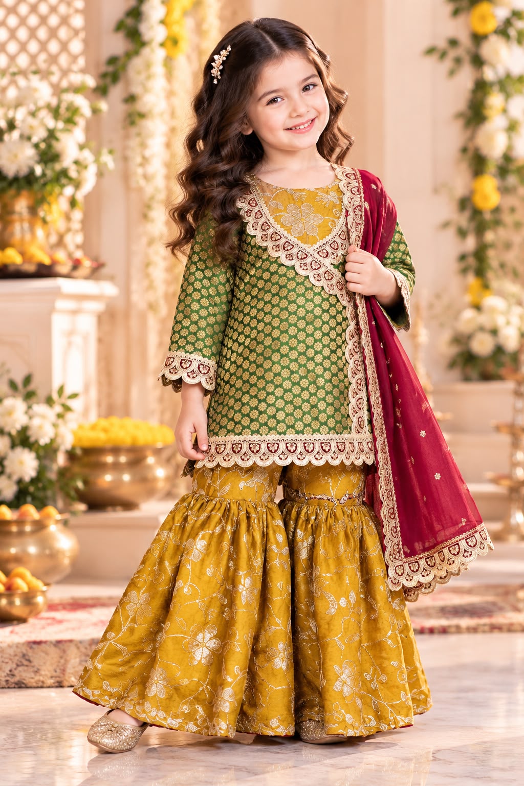 Green & Mustard Brocade Sharara Suit