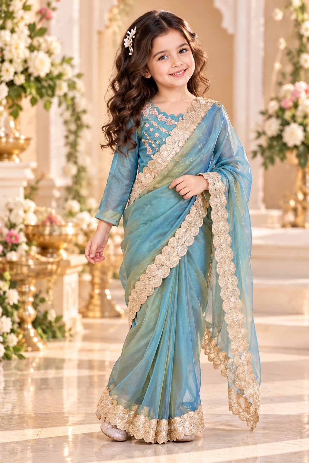 Teal Blue Draped Saree with Hand Embroidered Blouse