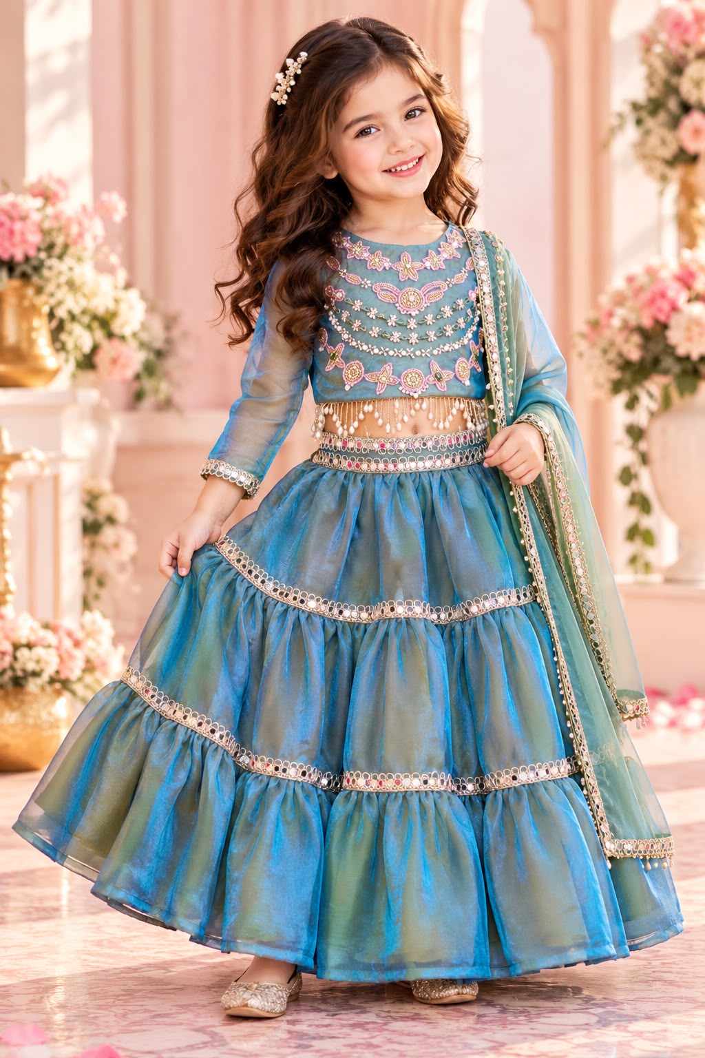 Teal Blue Flared Lehenga Set with Hand Embroidered Blouse