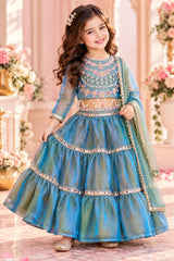 Teal Blue Flared Lehenga Set with Hand Embroidered Blouse