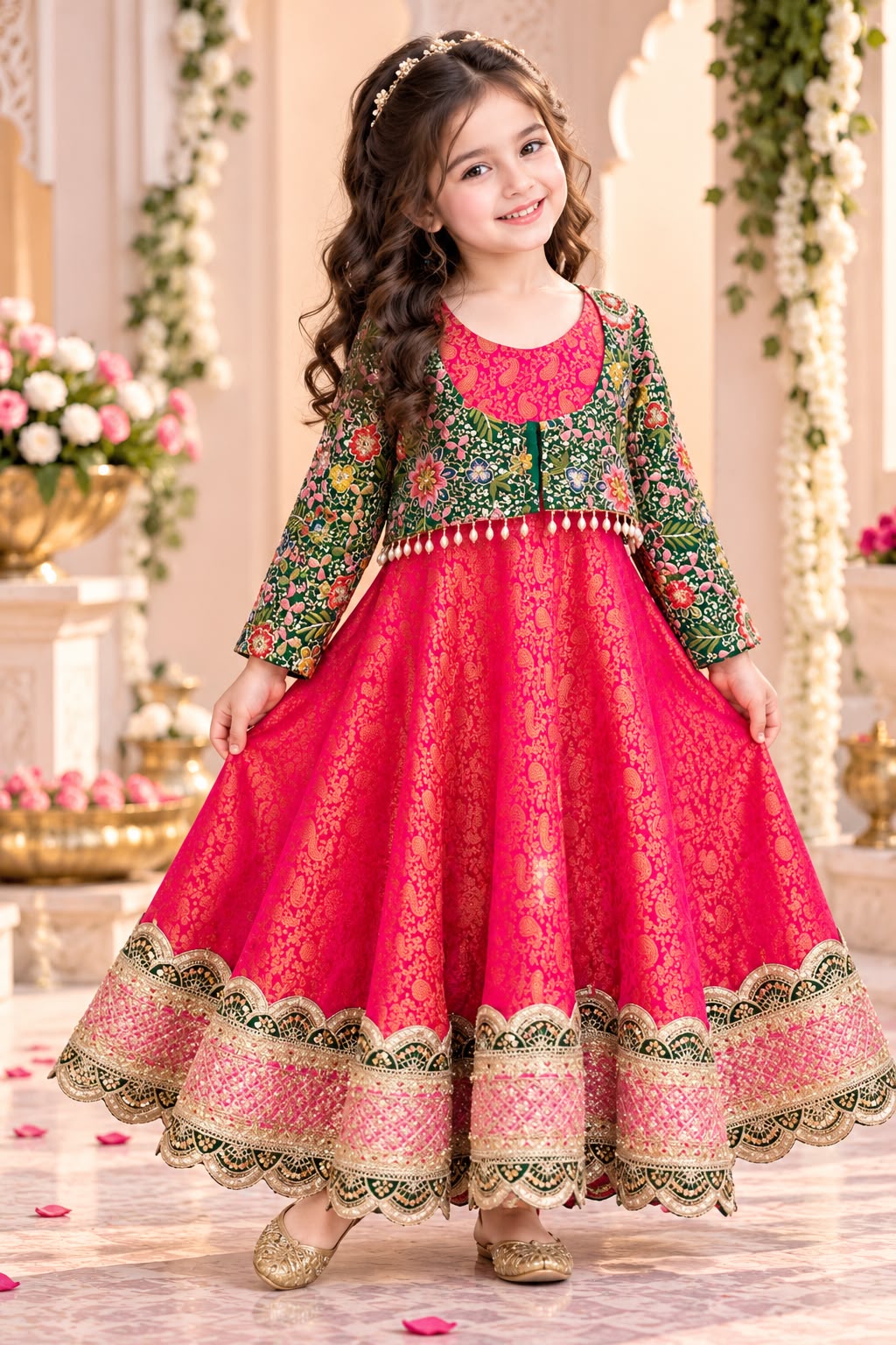 Pink Brocade Anarkali with Green Embroidered Jacket for Girls