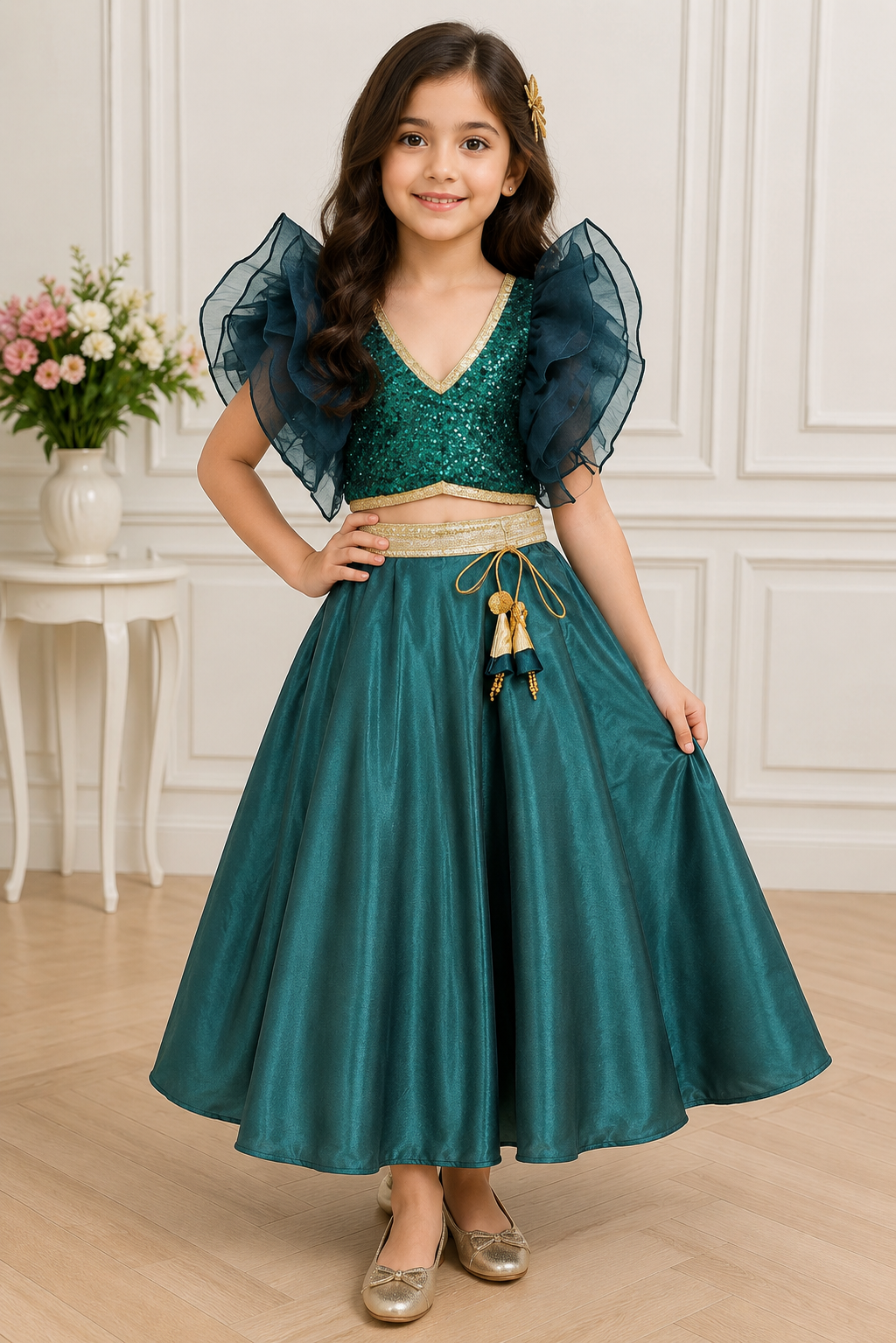 Satin and Embroidered Net Top Skirt