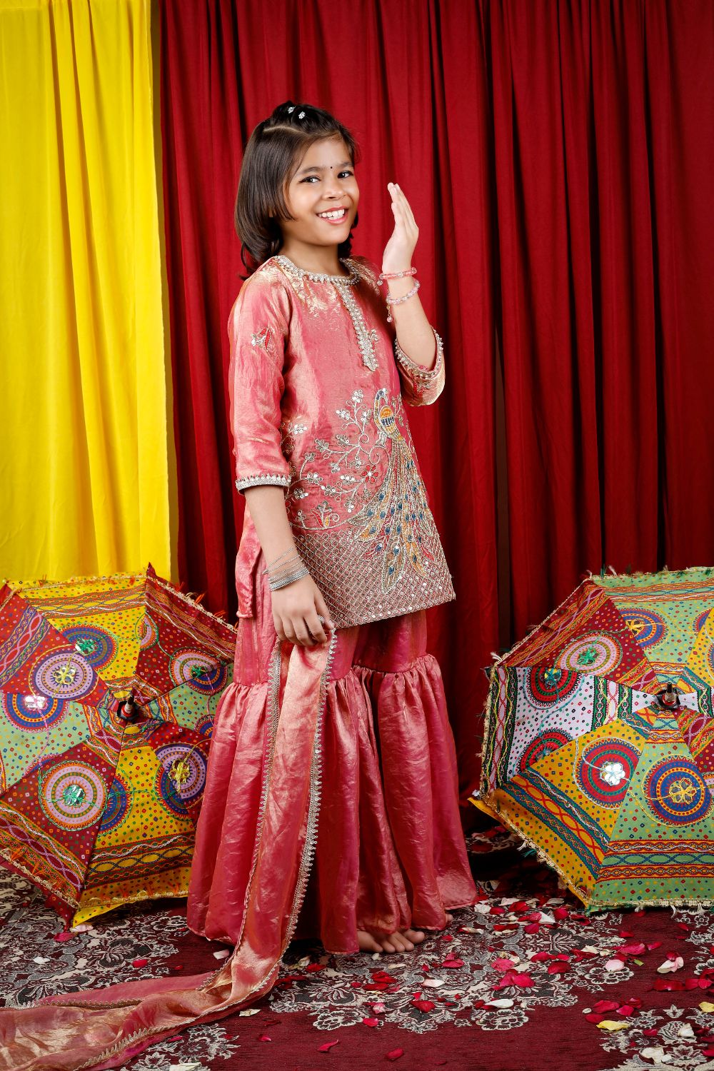 Girls Peacock Embroidered Sharara Suit