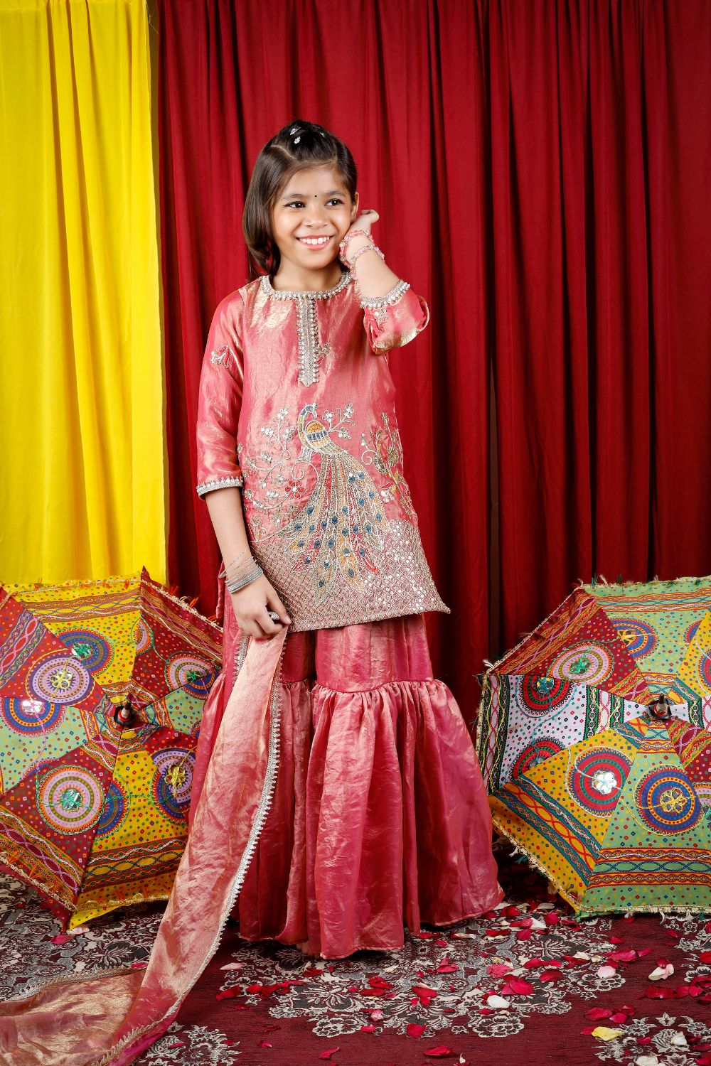 Girls Peacock Embroidered Sharara Suit