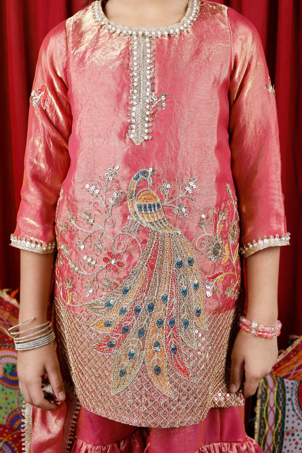 Girls Peacock Embroidered Sharara Suit